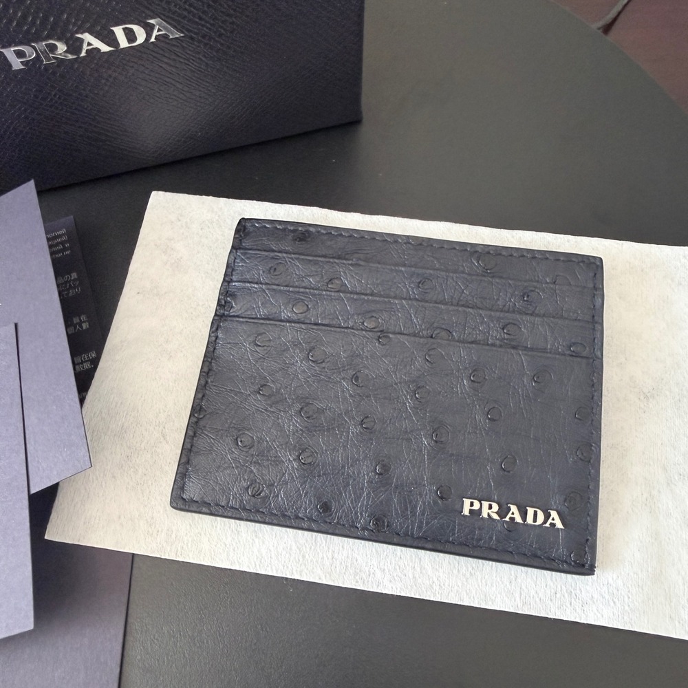 Prada Nero Dark Blue Ostrich Leather Card Holder Wallet 2MC223 Struzzo Italy New